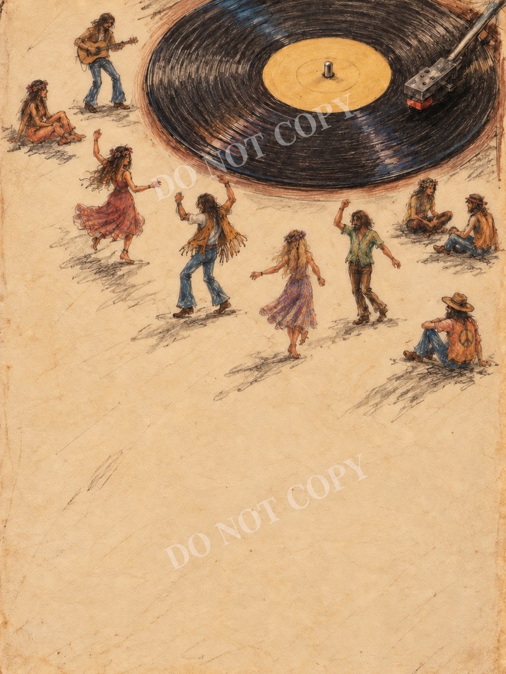 1970s Hippie Vinyl Record Art Print Boho Music Wall Decor 8x10 Vintage Style